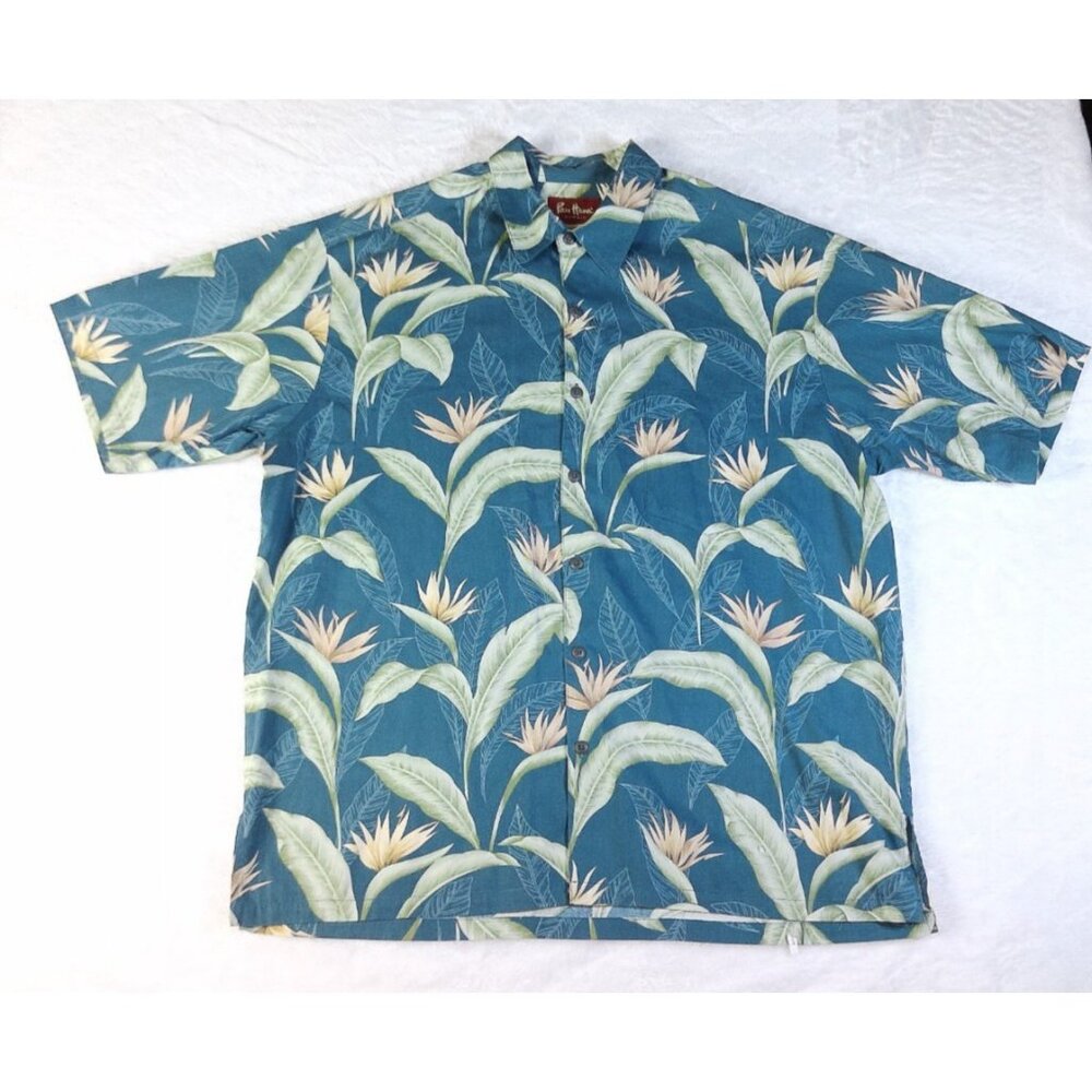 Paul Hana Hawaiian Shirt Mens Size XL Short Sleeve Blue Bird of Paradise